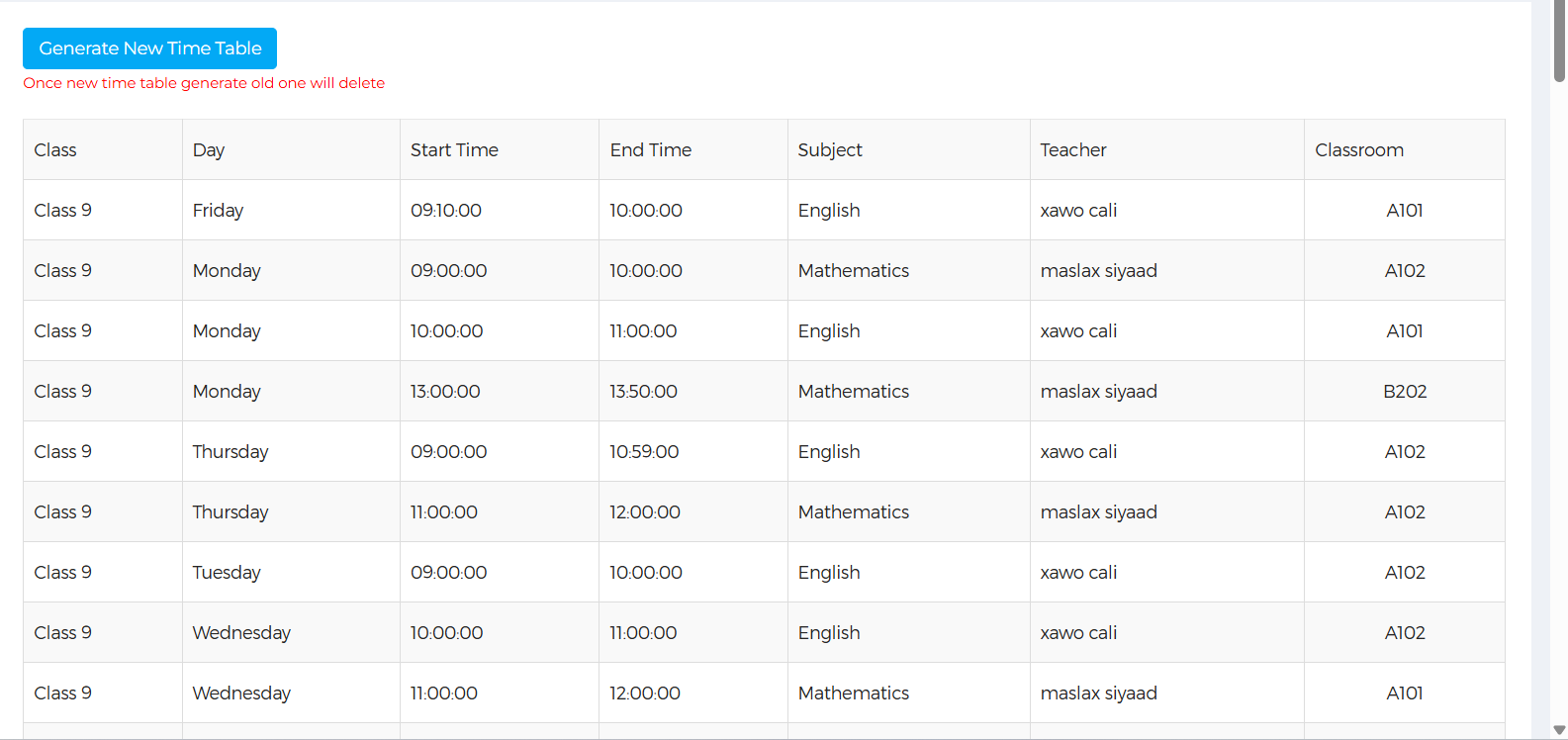 Time Table Generator System using PHP and MySQL - Image 3